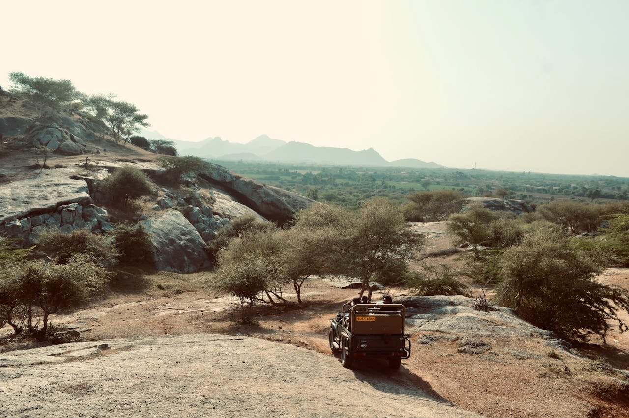 Explore the rugged terrain with a safari vehicle in this breathtaking natural landscape.